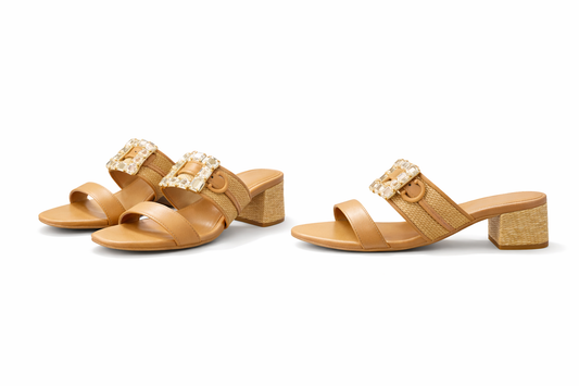 Kathleen Raffia Buckle Block Heel Sandals